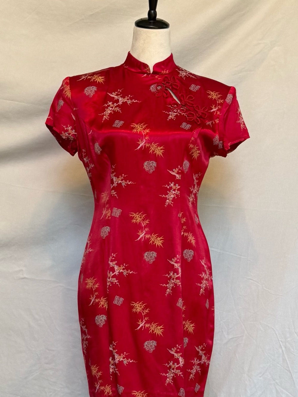 Elegant Red Satin Floral Cheongsam Mini Dress